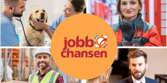 Välkommen till Jobbchansen. På bilden finns fyra olika yrken samt Jobbchansen-logon i mitten.